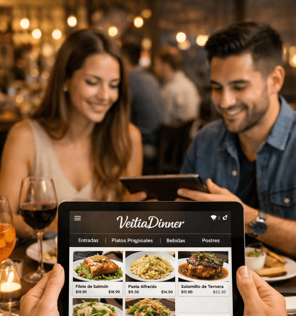 Menú digital interactivo con categorías y fotos de platos